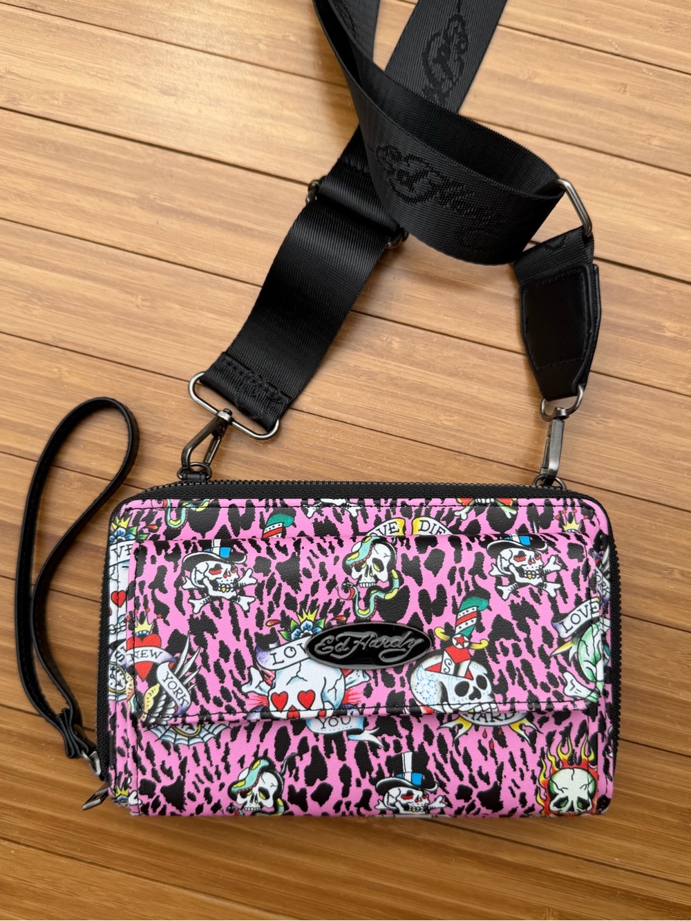 Ed Hardy Skull Tattoo Art Pink Leopard Convertible Crossbody